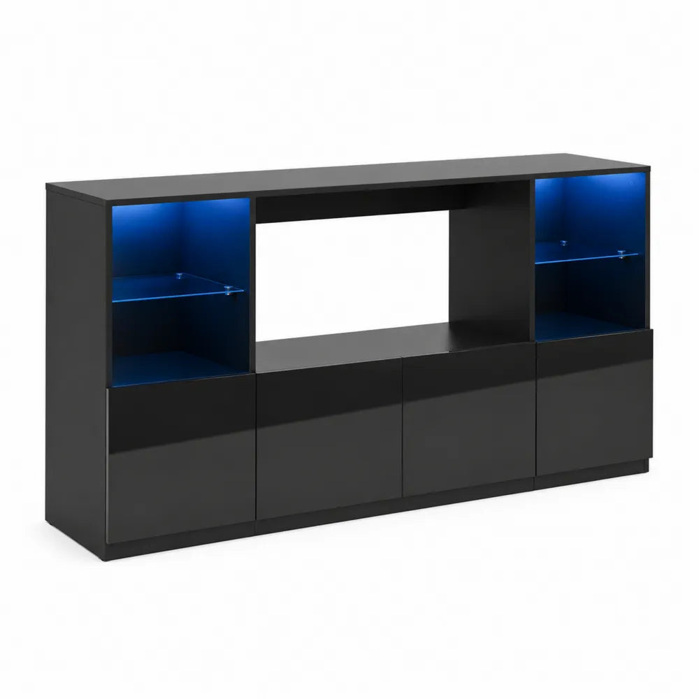 Mobile TV Nero con Ripiani in Vetro Temperato e LED
