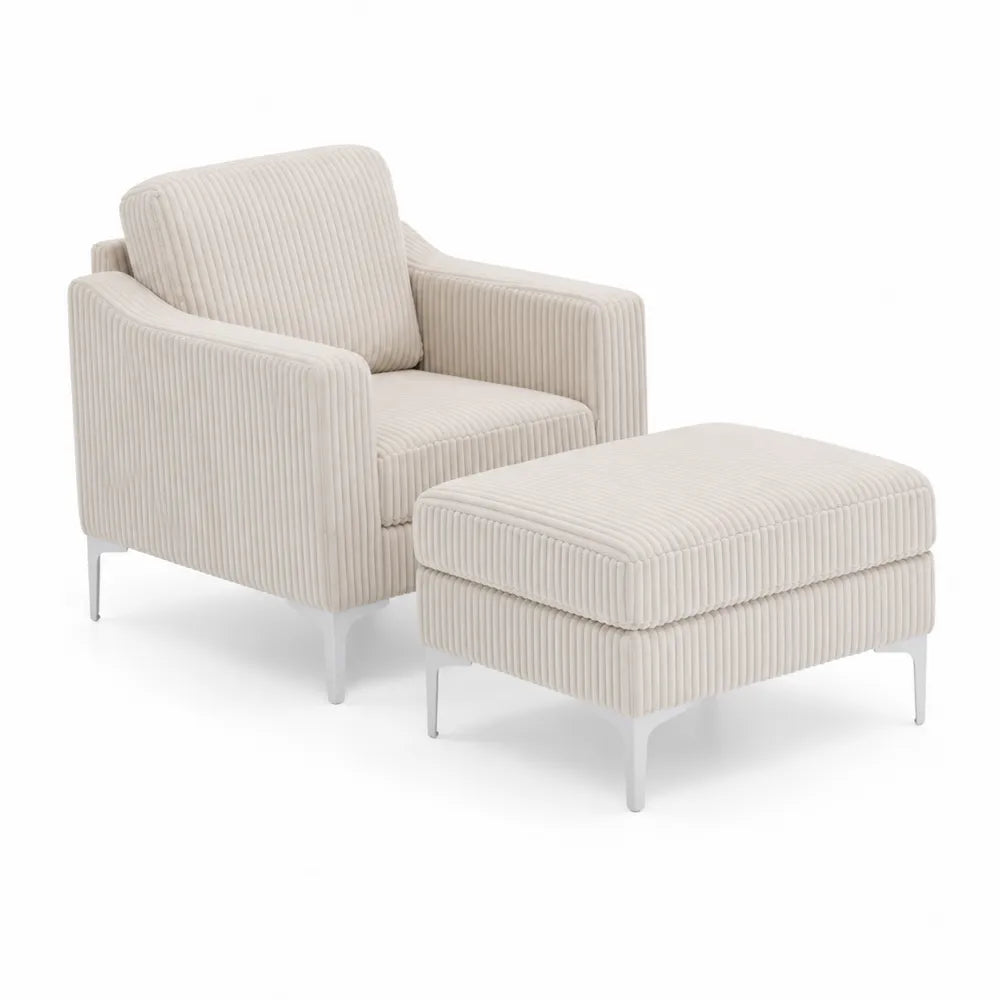 Poltrona e Poggiapiedi in Tessuto a Costine Beige con Gambe in Metallo