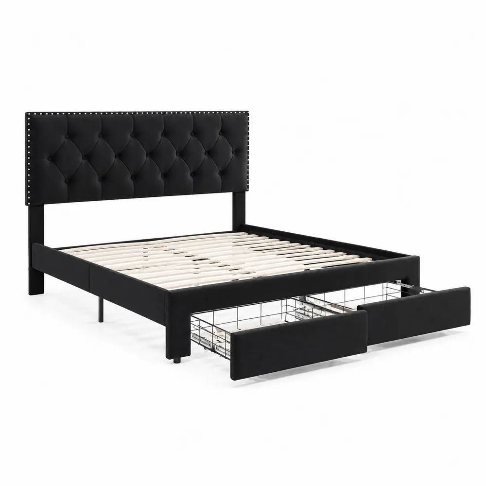 Letto in velluto nero con cassetti e testiera imbottita