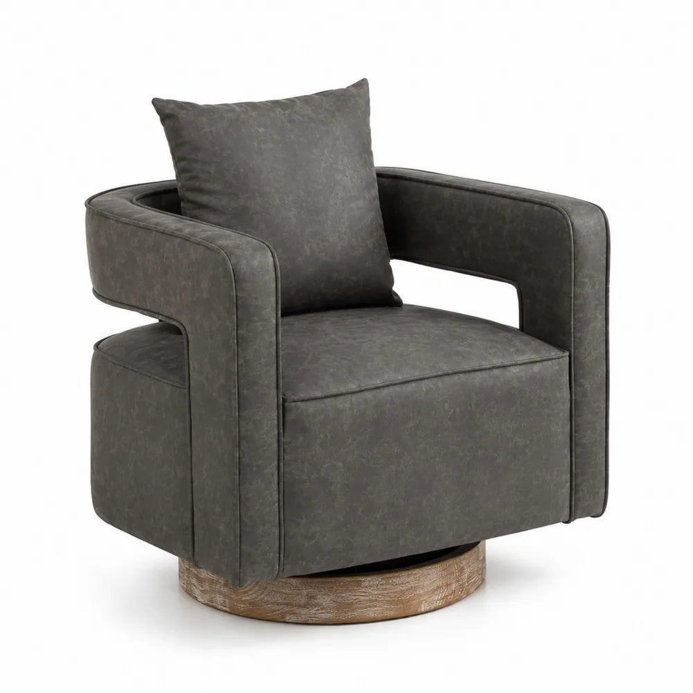 Poltrona girevole in ecopelle grigia con base in legno