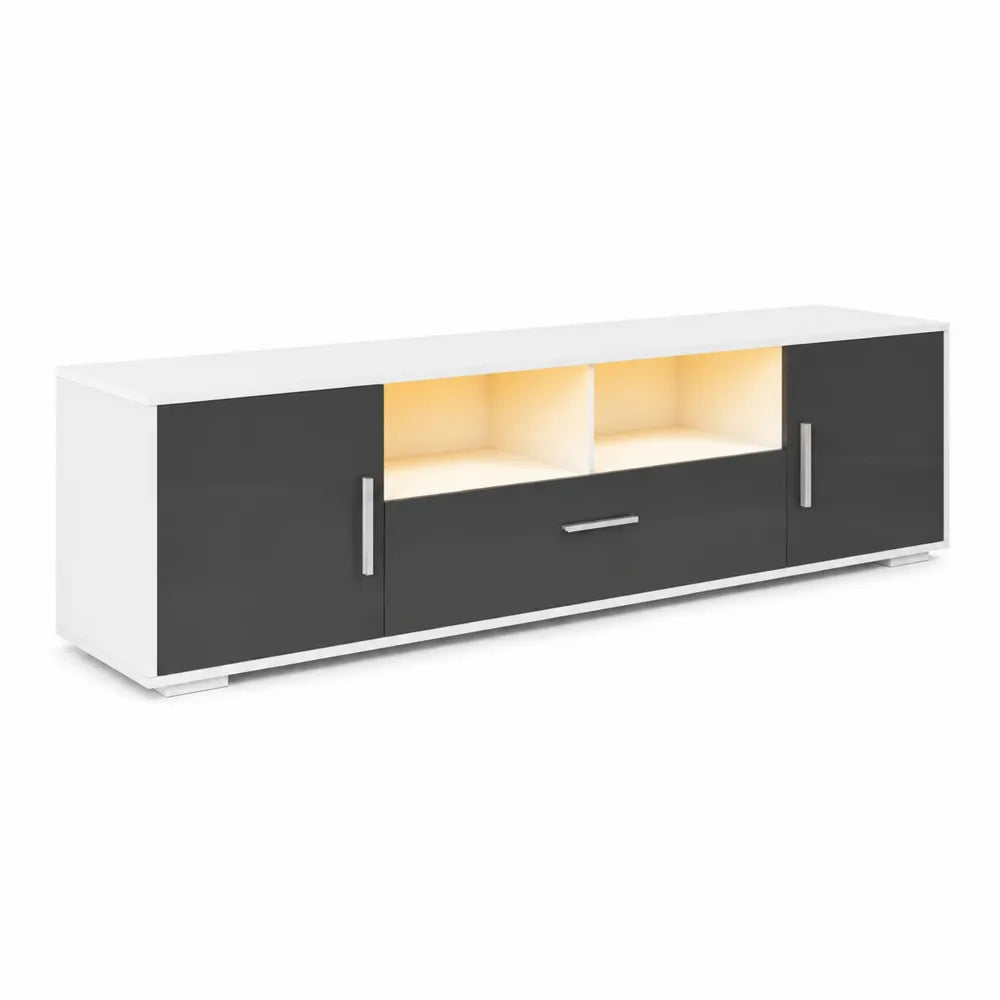 Mobile TV in legno composito Bianco/Nero con LED e maniglie in metallo