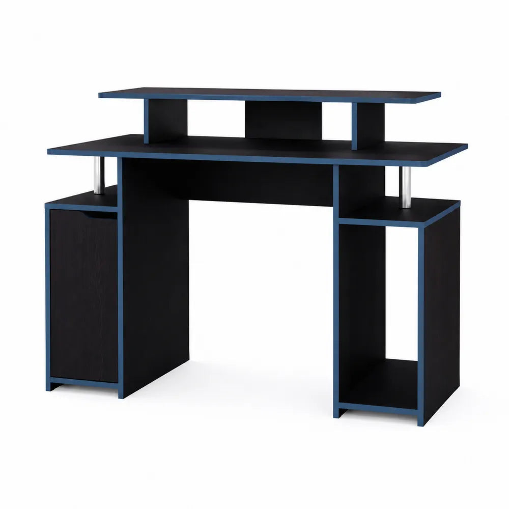Scrivania in Legno MDF Nero con Accenti Blu