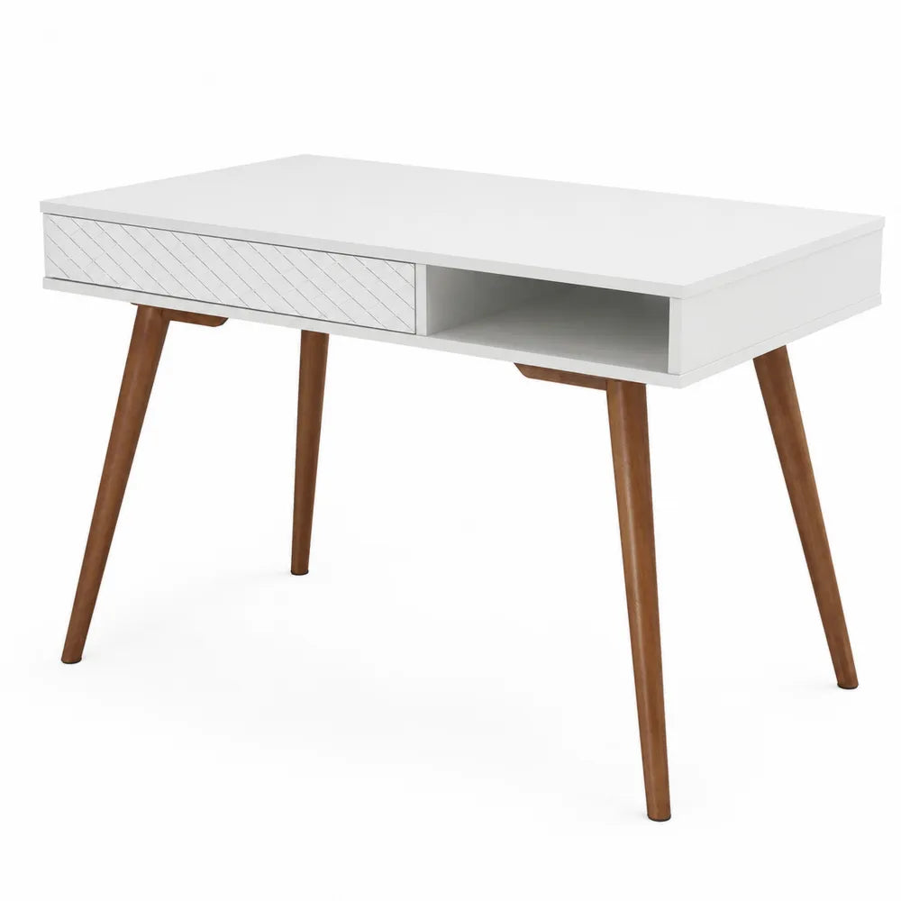 Scrivania in MDF bianco con gambe in legno